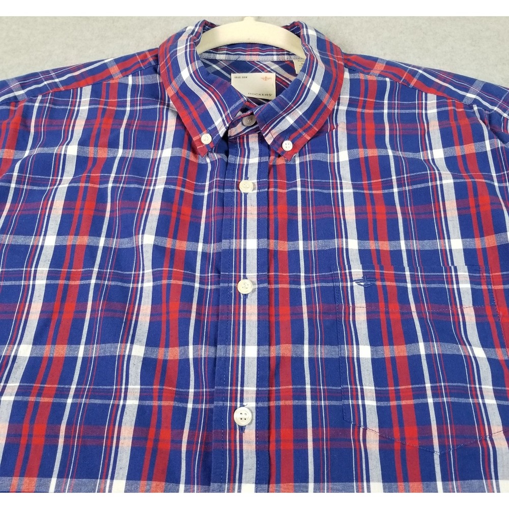 DOCKERS Button Up Shirt Men's Extra Large XL Red White Blue Plaid Short Sleeves